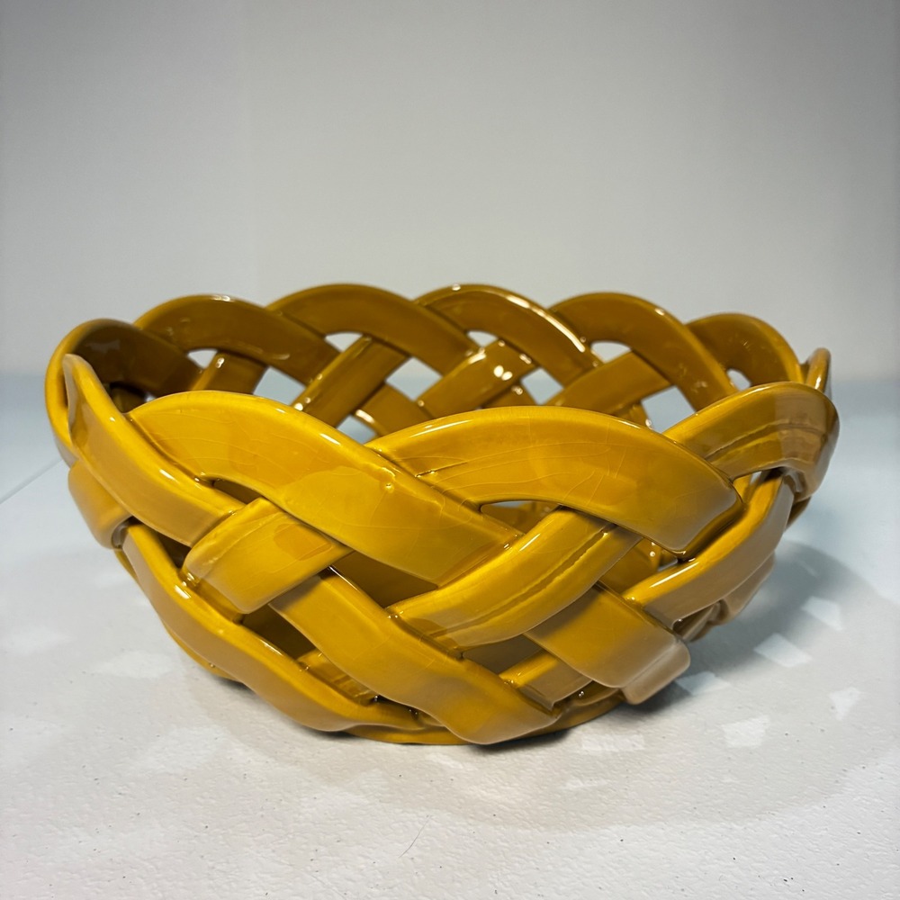 Primo'Gi Handmade Italy Woven Ceramic Bowl Mustard Yellow Lattice Fruit Basket